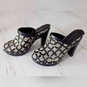 Coach Signature Canvas Mule Clogs - Black & Tan With C Monogram